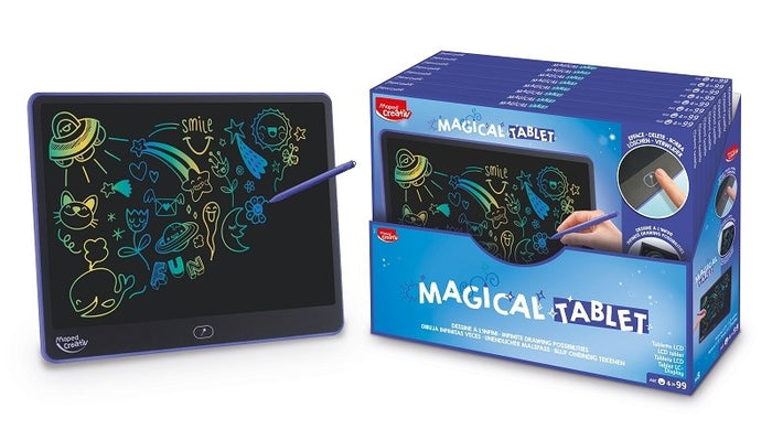 Purple LCD tablet with colorful neon doodles shown beside a blue retail display box and matching stylus.