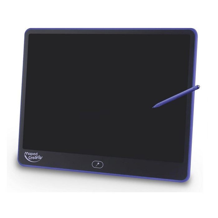 Purple-framed rectangular LCD drawing tablet with a black screen, matching stylus, and star-icon erase button.