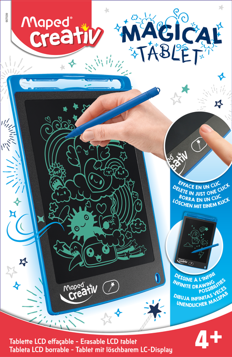Blue LCD drawing tablet with green sketches and stylus on retail packaging showing a one-click erase button.