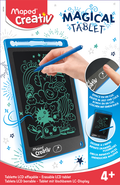 Blue LCD drawing tablet with green sketches and stylus on retail packaging showing a one-click erase button.