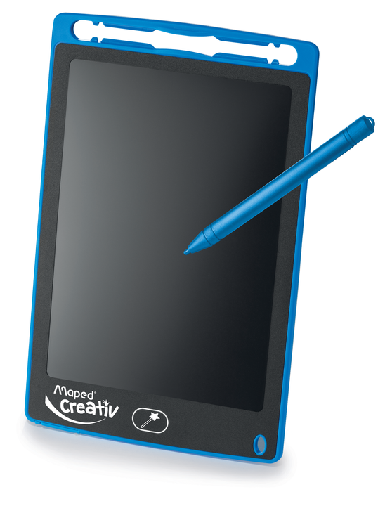 Blue LCD drawing tablet with a black screen and matching stylus pen, featuring a magic wand erase button.