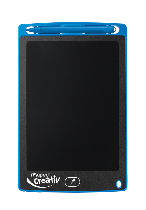 Rectangular blue drawing tablet with a black screen, matching blue stylus at the top, and a magic wand icon button.