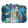 Teal zippered activity case with jungle animal illustrations, a product sleeve, and a small matching accessory pouch.
