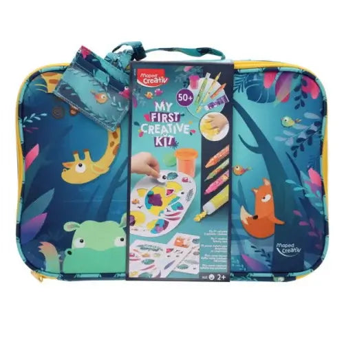 Teal zippered activity case with jungle animal illustrations, a product sleeve, and a small matching accessory pouch.
