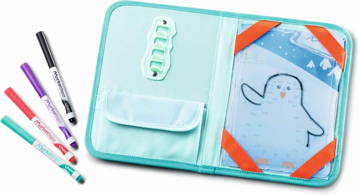 Open teal fabric case with four markers and an erasable polar bear dot-to-dot activity board.