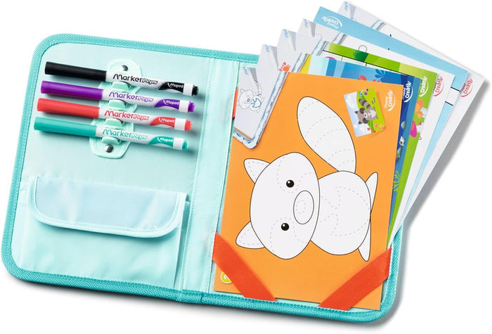 Open turquoise travel case with four colored markers and a stack of activity pages featuring a raccoon drawing.