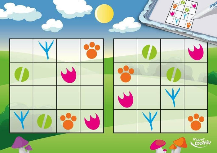 Erasable travel board with colorful symbol Sudoku grids and animal tracks against a bright landscape background.