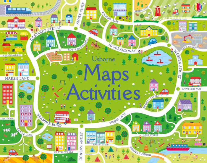 Vibrant cartoon map illustration with winding roads, colorful houses, and green parks for Usborne Maps Activities book.