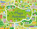 Vibrant cartoon map illustration with winding roads, colorful houses, and green parks for Usborne Maps Activities book.