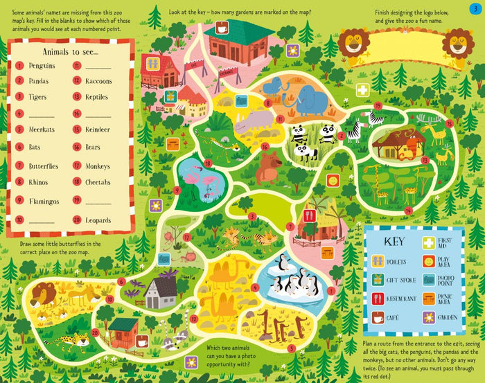 Vibrant zoo map activity page with colorful animal illustrations, numbered locations, and a symbols legend.