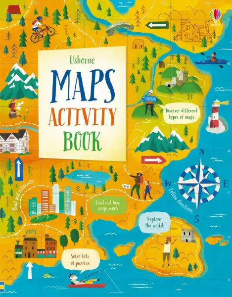 Vibrant yellow and blue illustrated map cover with mountains, water, a compass rose, and characters biking and hiking.