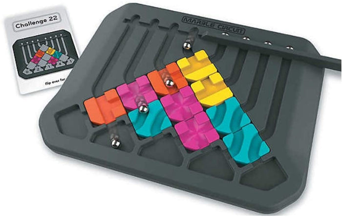 Gray logic puzzle board with vibrant colorful tiles, silver marbles, and a challenge card.
