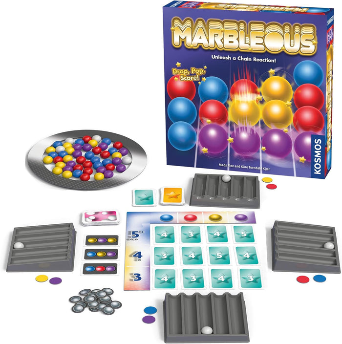 Board game set with a tray of colorful marbles, numbered cards, and plastic ramps next to the blue Marbleous box.