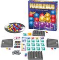 Board game set with a tray of colorful marbles, numbered cards, and plastic ramps next to the blue Marbleous box.