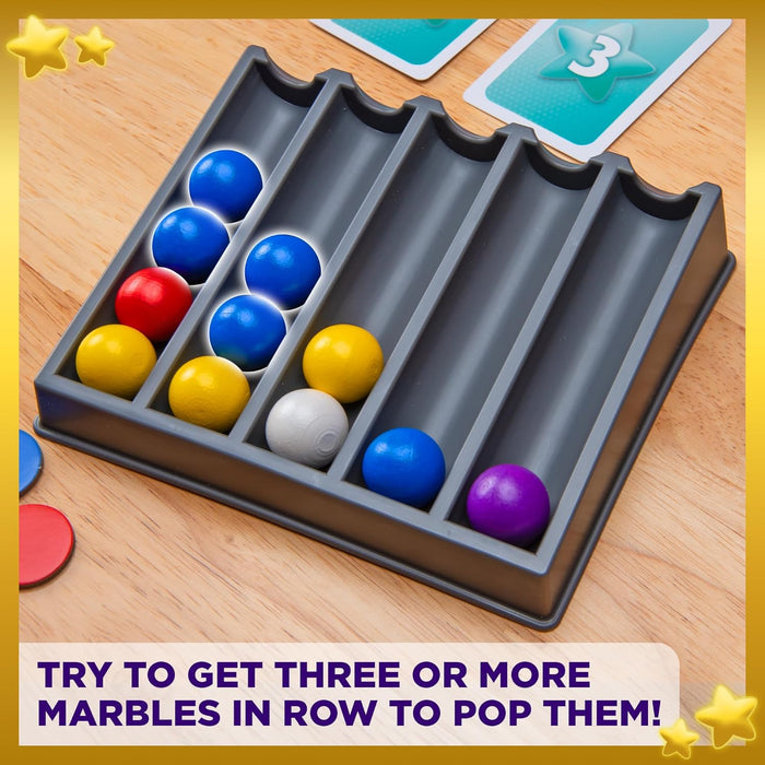 Colorful marbles in a slanted gray game tray. Text: Try to get three or more marbles in row to pop them!