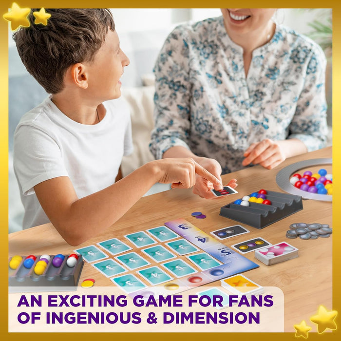 A boy and woman playing a board game with colorful marbles, cards, and gray trays on a light wood table.