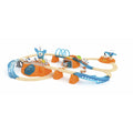 Multi-level wooden space train set with orange mountains, translucent blue tracks, a crane, and miniature rovers.
