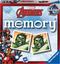 Blue memory game box with Avengers logo, matching Hulk cards, and illustrations of Thor, Iron Man and Captain America.