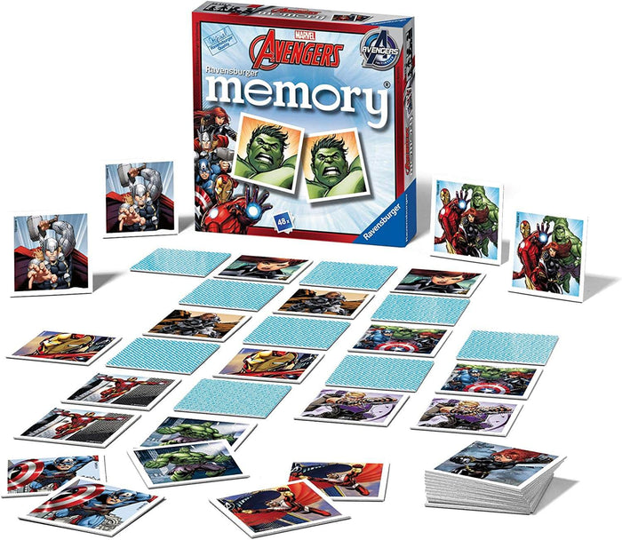 Blue Marvel memory game box and square cards with Hulk, Thor, and Iron Man illustrations on a white surface.