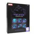 Black Panther Wakanda Premium Dice set box featuring six purple dice with glowing teal Wakandan symbols and numbers.
