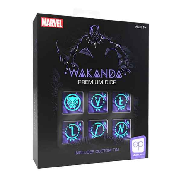 Black Panther Wakanda Premium Dice set box featuring six purple dice with glowing teal Wakandan symbols and numbers.