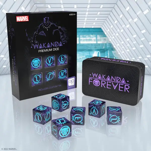 Six purple marbled dice with teal Wakandan icons, a black storage tin, and themed Black Panther packaging.