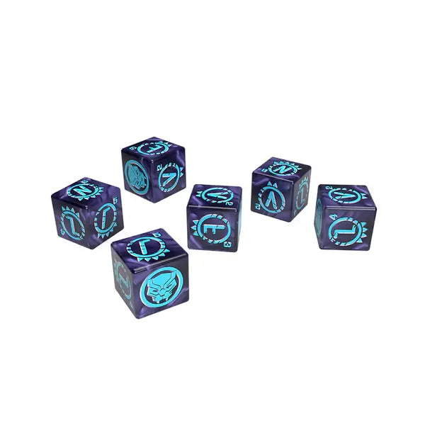Six purple marbled dice featuring light blue Wakandan-style symbols and a panther mask icon.