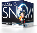 Square blue box with starry night background, cartoon magician holding cards, and large white 'MAGIC SNOW' text.