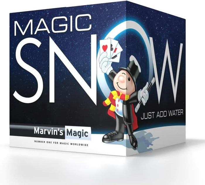 Square blue box with starry night background, cartoon magician holding cards, and large white 'MAGIC SNOW' text.