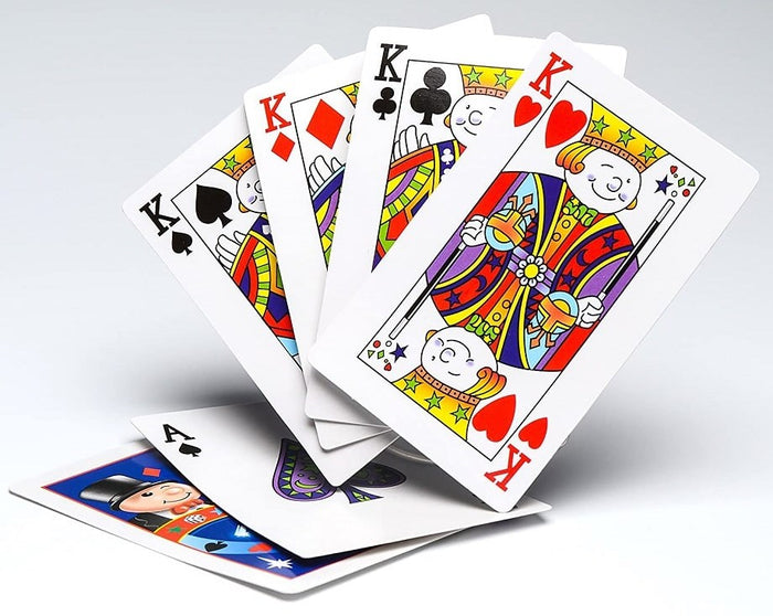 Colorful cartoon playing cards featuring a fanned set of four Kings and a stylized Ace of Spades.