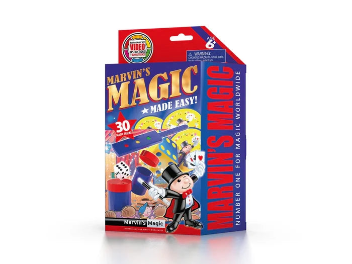 Blue and red box for 30 magic tricks featuring a cartoon magician with a wand, playing cards, dice, and cups.