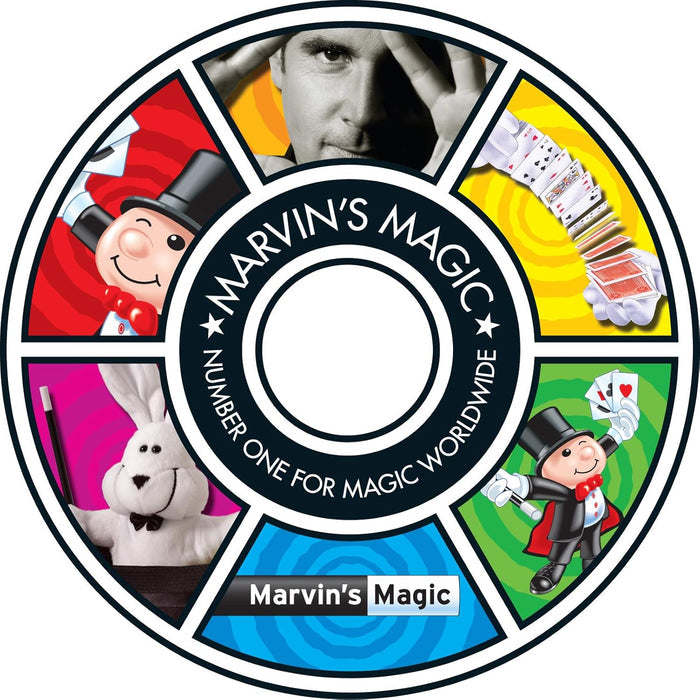 Circular Marvin's Magic logo with colorful segments showing a magician, cards, a white rabbit, and cartoon characters.