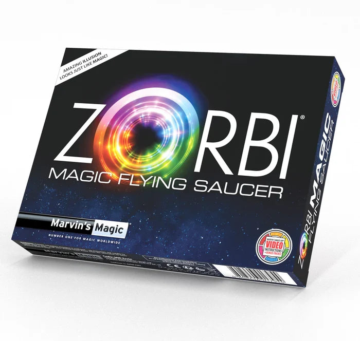Black box with Zorbi in white text and a glowing rainbow ring on a starry background. Marvin's Magic logo at bottom.