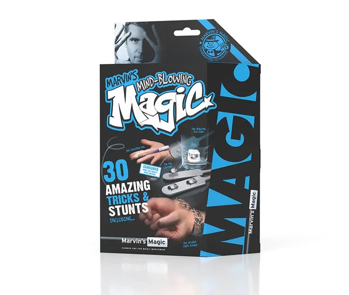 Black magic set box with blue text and photos of hands performing illusions, a chain escape, and an ice cube stunt.