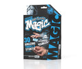Black magic set box with blue text and photos of hands performing illusions, a chain escape, and an ice cube stunt.