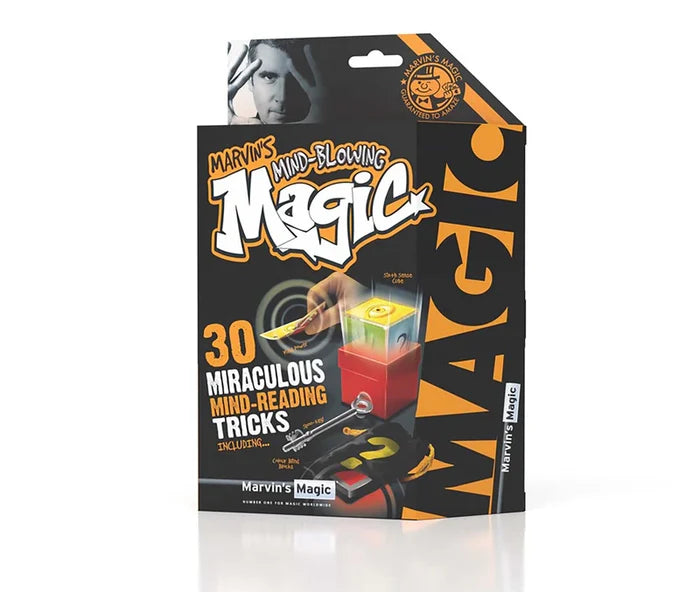 Black rectangular magic kit box with orange and yellow text, featuring mind-reading props and a magician's portrait.