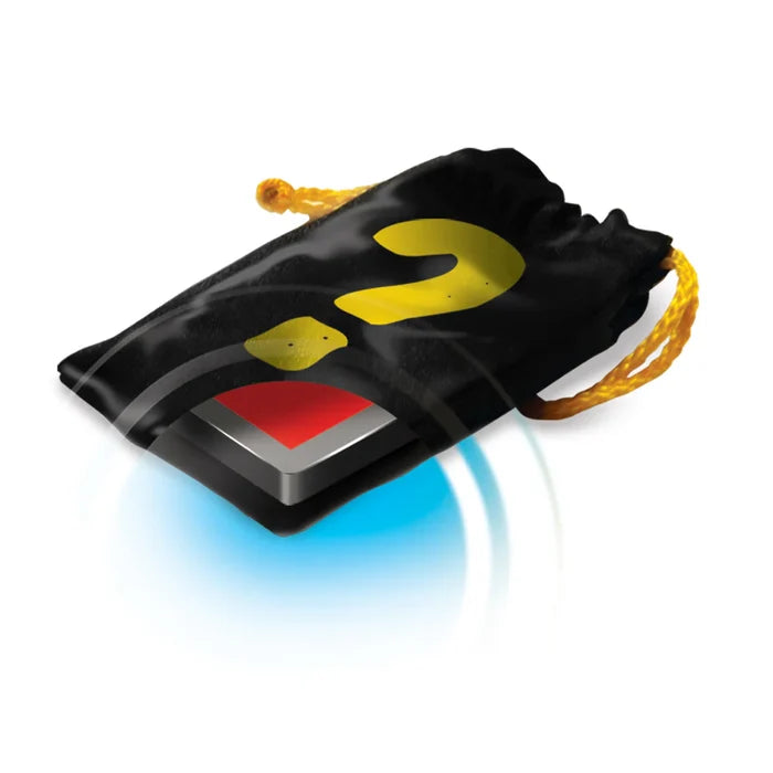 Black drawstring bag with a yellow question mark, revealing a red rectangular object over a glowing blue light effect.