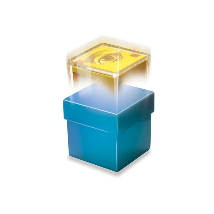 Blue box with a glowing transparent cube floating above it, showing a yellow face with an eye illustration.