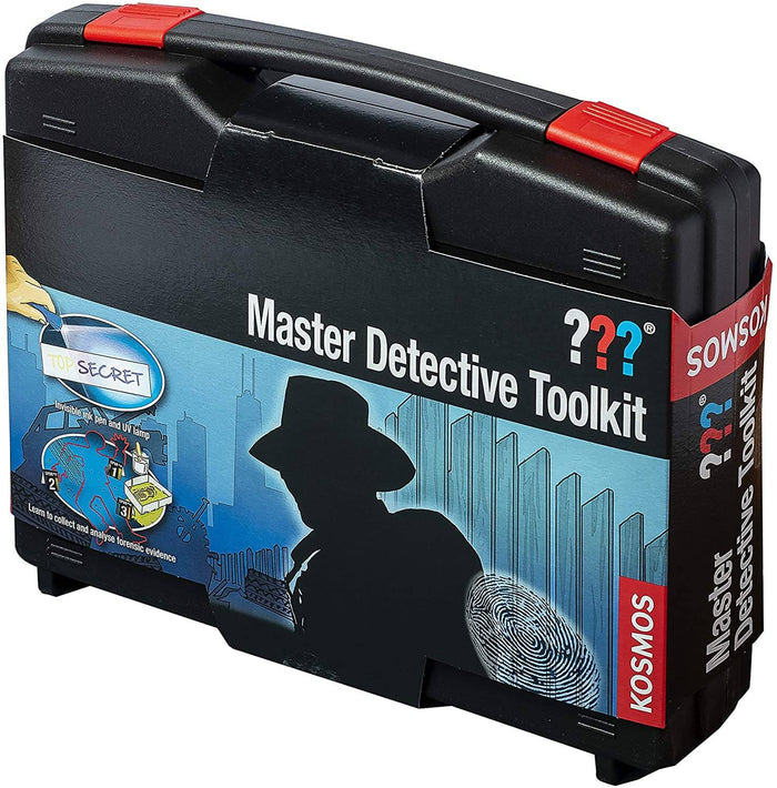 Black plastic case with red latches featuring a detective silhouette, colorful question marks, and a large fingerprint.