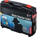 Black plastic case with red latches featuring a detective silhouette, colorful question marks, and a large fingerprint.