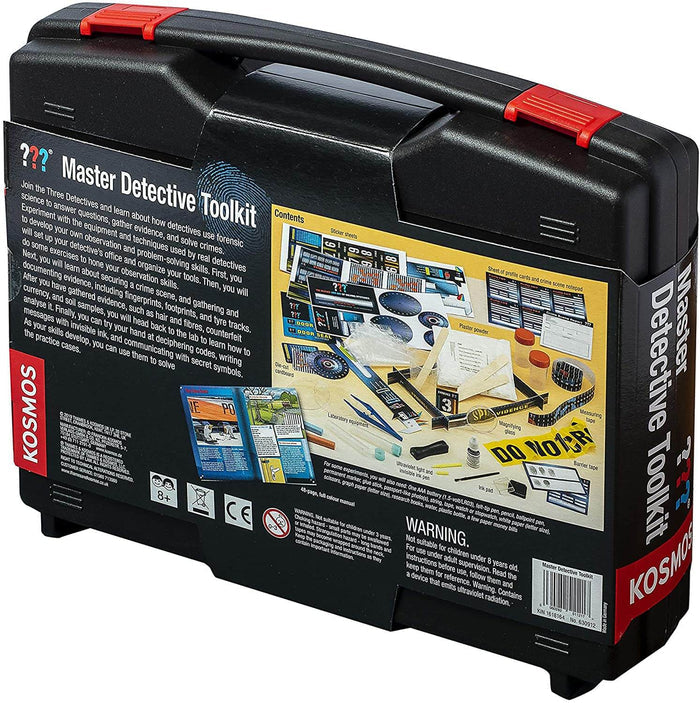 Black detective briefcase with colorful box art showing a magnifying glass, crime scene tape, and various forensic tools.