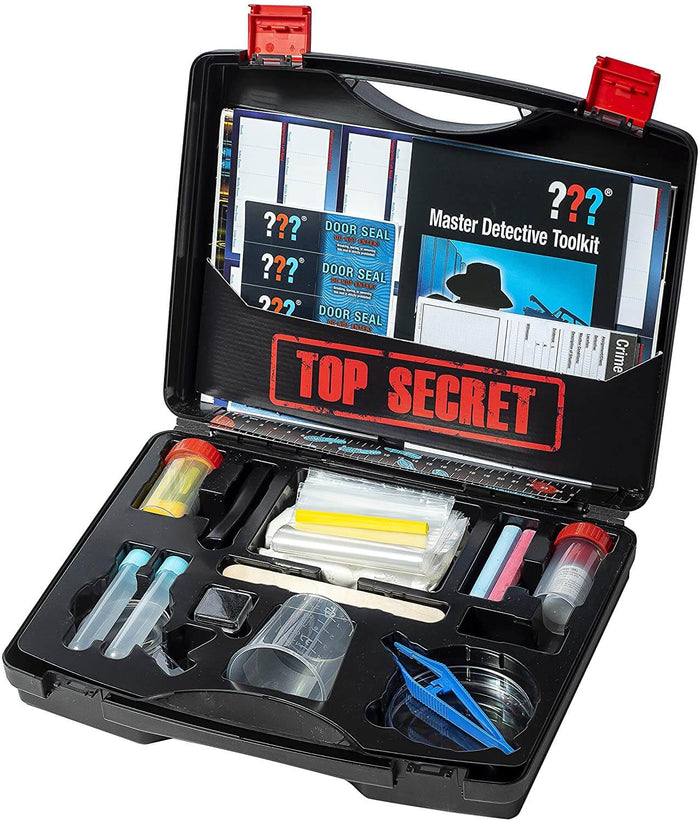 Open black carrying case featuring forensic toys: vials, a beaker, blue tweezers, and a TOP SECRET folder.