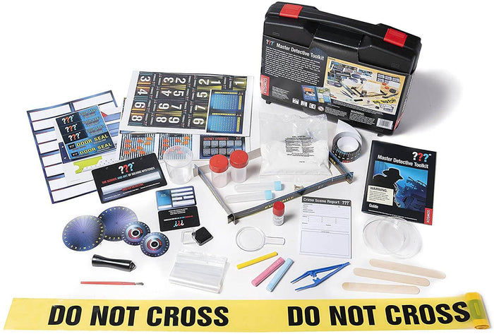 Black briefcase toolkit with yellow crime scene tape, magnifying glass, tweezers, test tubes, and evidence bags.