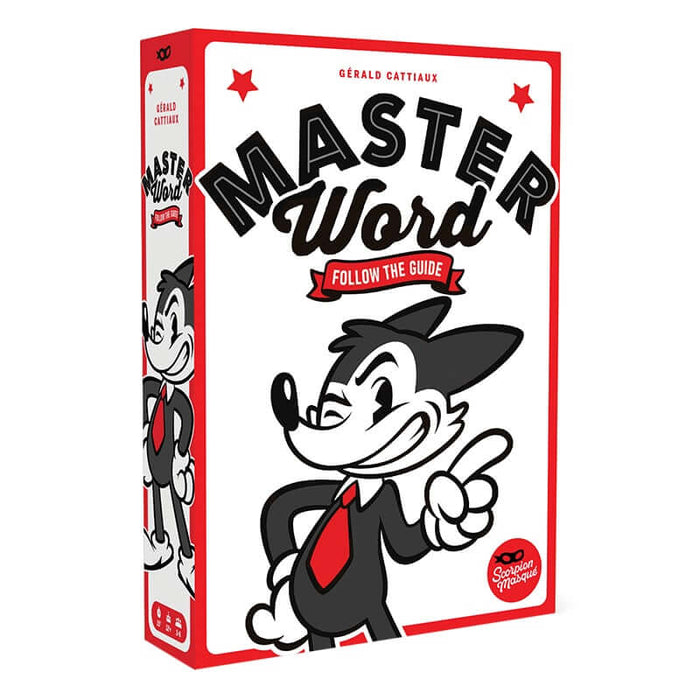 Red and white Master Word game box featuring a winking cartoon fox in a suit and red tie.