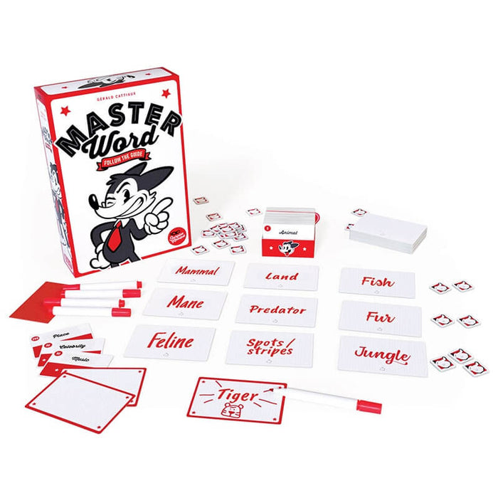 Master Word game box and components including red and white cards, markers, and tokens with a cartoon wolf character.