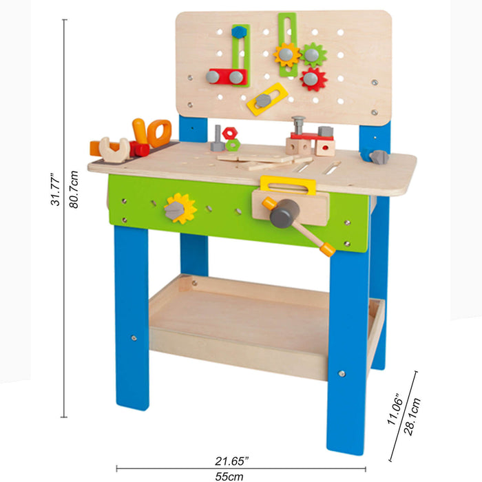 Wooden toy workbench with blue legs, green front, and tools. Labeled dimensions: 31.77in H, 21.65in W, 11.06in D.