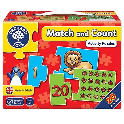 Red box for Orchard Toys Match and Count puzzle with colorful pieces showing numbers, a lion, a penguin, and ladybugs.