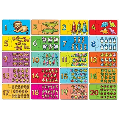 Grid of 20 colorful two-piece puzzles matching numbers 1-20 with vibrant illustrations of animals and objects.