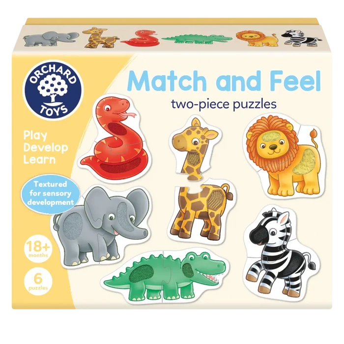 Yellow Orchard Toys box showing 6 colorful two-piece animal puzzles with tactile textured patches for sensory play.