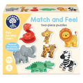 Yellow Orchard Toys box showing 6 colorful two-piece animal puzzles with tactile textured patches for sensory play.
